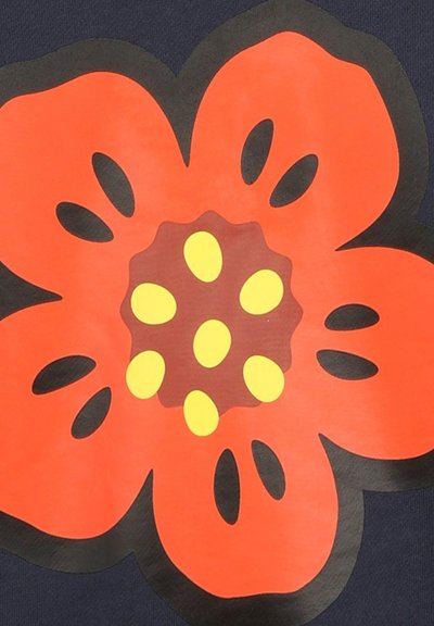 Design de fleur rouge avec des accents jaunes sur fond bleu foncé. Comprend des contours noirs et plusieurs formes de pétales, créant un contraste.