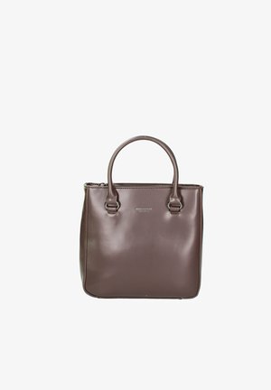 Borsa a tracolla in pelle marrone con due manici arrotondati e anelli in metallo argentato su sfondo bianco.