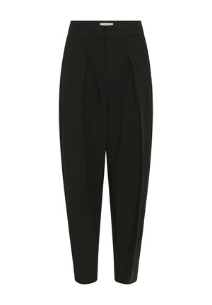 Juodos aukšto liemens pritaikytos kelnės su klostėmis ir siaurėjančiomis kojomis, su slaptu priekiu užsegimu ir struktūruota juosmens juosta.