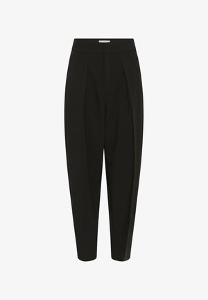 Juodos aukšto liemens pritaikytos kelnės su klostėmis ir siaurėjančiomis kojomis, su slaptu priekiu užsegimu ir struktūruota juosmens juosta.