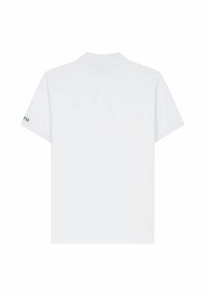 Witte polo met korte mouwen, gezien van achteren, met een kraag en kleine tekst op de linkermouw.