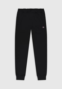 Pantalones de chándal negros con una cintura elástica, bolsillos laterales, piernas ajustadas y un pequeño logo bordado en el muslo izquierdo. Material suave de mezcla de algodón.