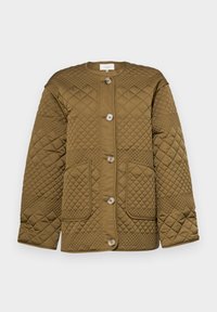Quilted olive green jacket with a round neck, front button closure, two large pockets, and a textured diamond pattern on the fabric.