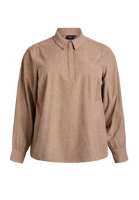Tan corduroy shirt with a collar, long sleeves, and a partially hidden button placket. Features ribbed texture and fitted cuffs.