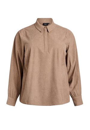 Beige Cordhemd mit Kragen, langen Ärmeln und einer teilweise verdeckten Knopfleiste. Verfügt über eine gerippte Textur und taillierte Manschetten.