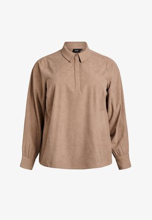 Camicia di corduroy marrone con colletto, maniche lunghe e una patta dei bottoni parzialmente nascosta. Presenta una texture a coste e polsini aderenti.