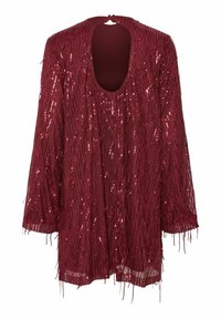 Viininpunainen paljettitoppi, jossa pitkät hihat, avoin selkä ja hapsukoristelu. Valmistettu kiiltävästä kankaasta, jossa on teksturoidut lineaariset kuviot.