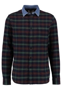 Geruite shirt met donkerrode, groene en marineblauwe kleuren, een denim kraag, lange mouwen, een knoopsluiting aan de voorkant en een borstzak.