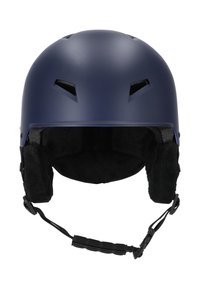 Mörkblå hjälm med matt yta, ventilationsöppningar, mjuk svart foder och justerbar hakrem för komfort och säkerhet.