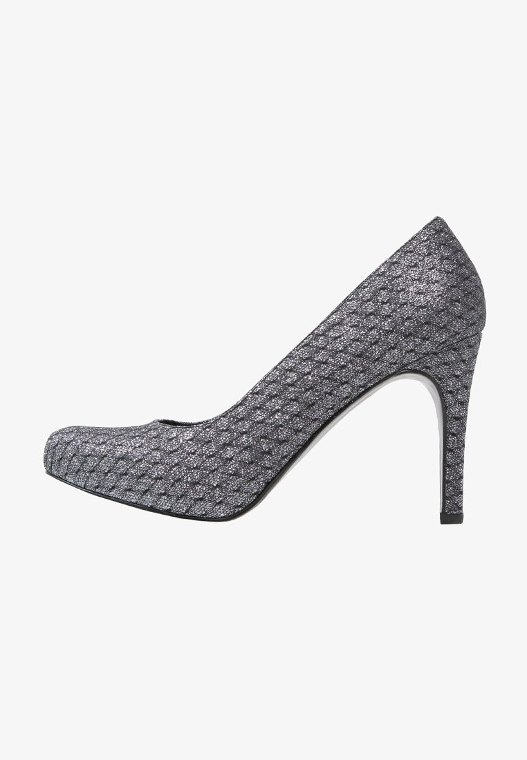 Graue, gemusterte High-heeled-Pumps mit glatter Oberfläche und abgerundeter Zehenpartie. Sie verfügen über einen schlanken, schwarzen Stiletto-Absatz und eine leicht geschwungene Silhouette.