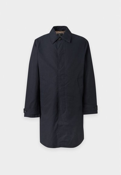 Long manteau bleu marine foncé pour homme avec col, poignets boutonnés, deux poches latérales et boutons avant dissimulés.