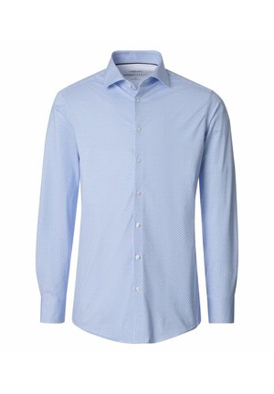 Jasnoniebieska męska koszula wizytowa z długim rękawem, z drobnym geometrycznym wzorem, zapinana na guziki z przodu, z kołnierzem typu włoskiego.