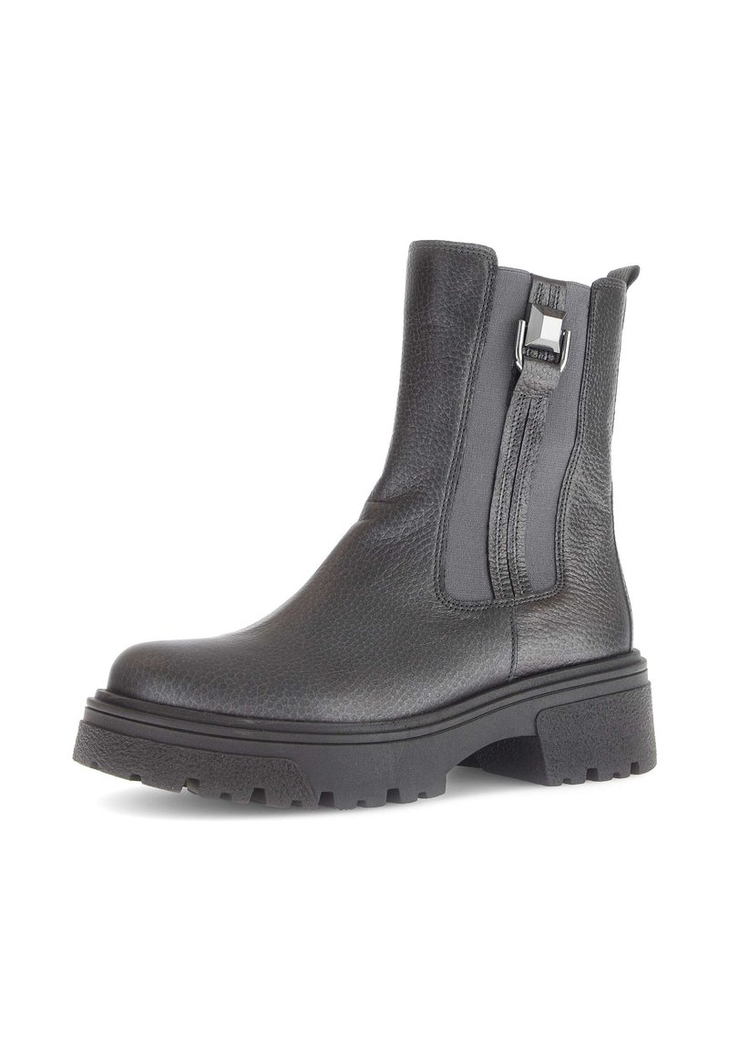 Black leather ankle boot with a textured finish, side zipper, and chunky rubber sole for traction and stability. Simple and functional design.