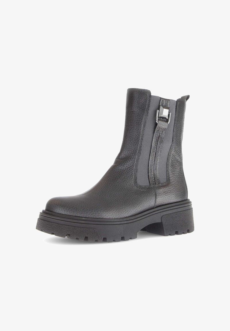 Black leather ankle boot with a textured finish, side zipper, and chunky rubber sole for traction and stability. Simple and functional design.