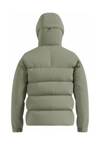 Rückansicht einer hellgrünen gepolsterten Winterjacke mit Kapuze und gesteppten horizontalen Panelen auf dem Rücken.