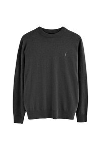 Maglione grigio scuro con collo rotondo e maniche lunghe. Realizzato in tessuto morbido, presenta polsini e orlo a costine, con un piccolo logo sul petto.