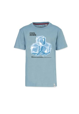 Lyseblå bomulds t-shirt med et grafisk motiv af tre isterninger og teksten "KØL NED" ovenfor. Korte ærmer og rund halsudskæring.