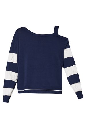 Maglione blu marino con design fuori spalla, strisce bianche accento sulle maniche e motivi a trama. Orlo arrotondato e polsini a coste.