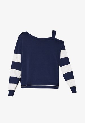 Maglione blu marino con design fuori spalla, strisce bianche accento sulle maniche e motivi a trama. Orlo arrotondato e polsini a coste.