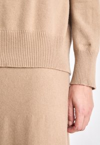 Pull en tricot beige avec poignets et ourlet côtelés. Texture lisse avec une silhouette ajustée, mettant en valeur la position des mains près du bord.
