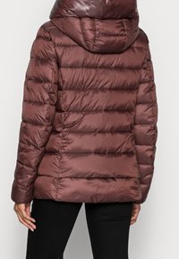 Braune Steppjacke mit glänzendem Finish, mit horizontalen Steppnähten und Kapuze. Die Ärmel sind an den Bündchen leicht gerafft.