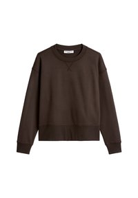 Brązowa bluza wykonana z mieszanki bawełny, z okrągłym dekoltem, długimi rękawami, ściągaczami na mankietach i u dołu oraz skośnymi przeszyciami na klatce piersiowej.