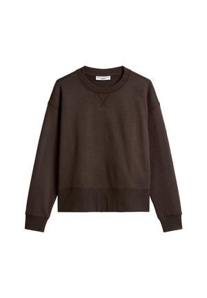 Bruine sweatshirt van een katoenmengsel, met een ronde hals, lange mouwen, geribbelde boorden en zoom, en diagonaal stikseldetail op de borst.
