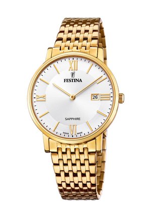 Reloj de pulsera Festina de metal dorado con esfera blanca, números romanos, indicador de fecha a las 3 en punto y correa de pulsera enlazada que muestra la hora 10:10:09.