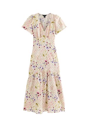 Robe midi fleurie à manches courtes, décolleté en V, taille froncée et jupe à volants dans des tons doux de rose, violet et vert sur fond crème.