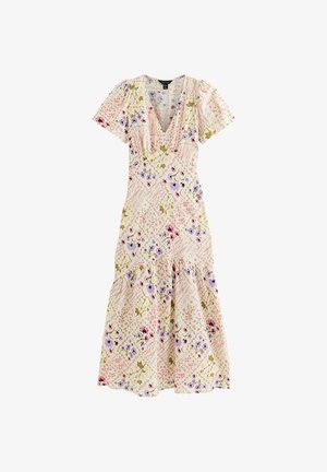 Robe midi fleurie à manches courtes, décolleté en V, taille froncée et jupe à volants dans des tons doux de rose, violet et vert sur fond crème.