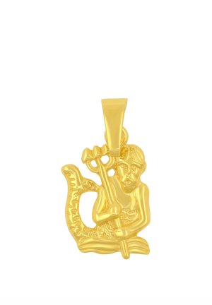 Pendentif en or en forme de triton tenant un trident, avec un visage détaillé et une queue écailleuse qui se recourbe sur le côté.