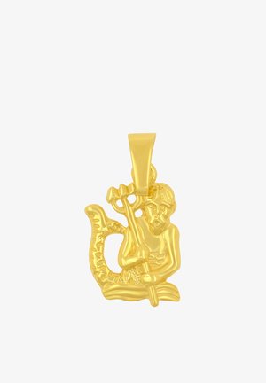 Ciondolo in oro a forma di tritone che tiene un tridente, con un viso dettagliato e una coda squamosa che si arriccia di lato.