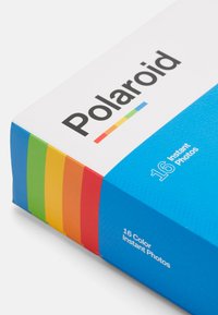 Polaroid box for 16 color instant photos; white top, blue base. Side features green, yellow, orange, red color strips for easy identification.