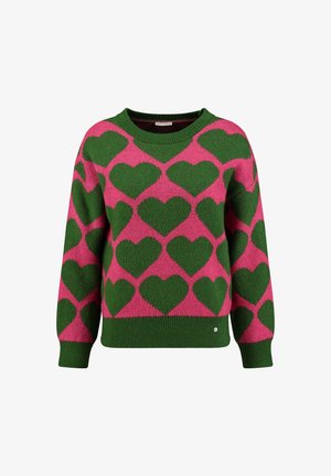 Gebreide trui met een groen en roze hartpatroon, V-hals, lange mouwen en geribbelde boorden en zoom. Voegt textuur toe met een zachte, gezellige stof.