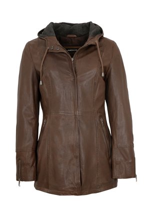Brown leather jacket with a grey hood, zippers on pockets and sleeves, tapered design, smooth texture, and adjustable drawstring.