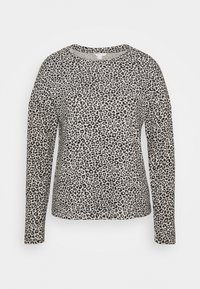 Lange mouwen shirt in lichtgrijze stof met een zwart luipaardprint patroon. Ronde halslijn en een ontspannen pasvorm zonder zichtbare hardware.