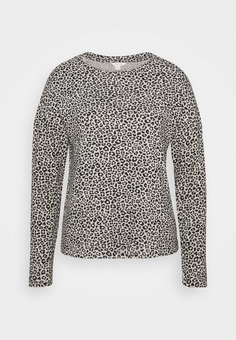 Lange mouwen shirt in lichtgrijze stof met een zwart luipaardprint patroon. Ronde halslijn en een ontspannen pasvorm zonder zichtbare hardware.