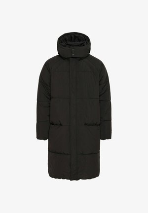 Cappotto imbottito nero con colletto alto, chiusura a scatto, maniche lunghe e design fino al ginocchio caratterizzato da sezioni orizzontali e tasche frontali.