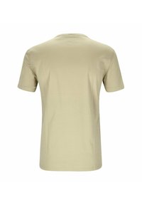 Beige short-sleeve T-shirt with a crew neckline, made from soft cotton fabric. Features a smooth texture and no visible patterns or accents.