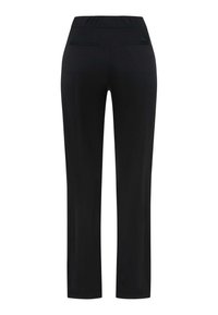 Zwarte broek met een elastische tailleband, rechte pijpen, twee achterzakken en een gladde textuur. Eenvoudig en veelzijdig voor verschillende gelegenheden.
