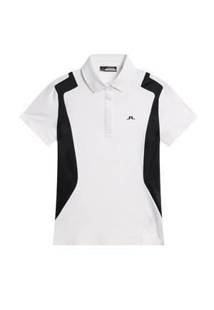 Witte poloshirt met korte mouwen, zwarte zijpanelen en een klein zwart logo op de linker borst, voorzien van een puntige kraag en een gedeeltelijke knoopsluiting.