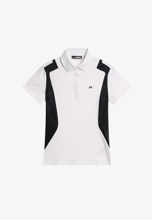 Witte poloshirt met korte mouwen, zwarte zijpanelen en een klein zwart logo op de linker borst, voorzien van een puntige kraag en een gedeeltelijke knoopsluiting.