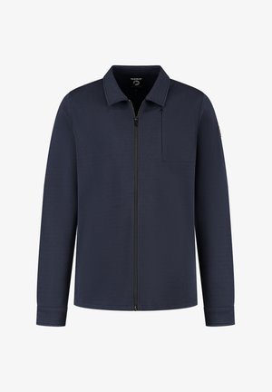 Navy blue long-sleeve jacket with a full front zipper, fold-down collar, and a chest pocket on the left side.