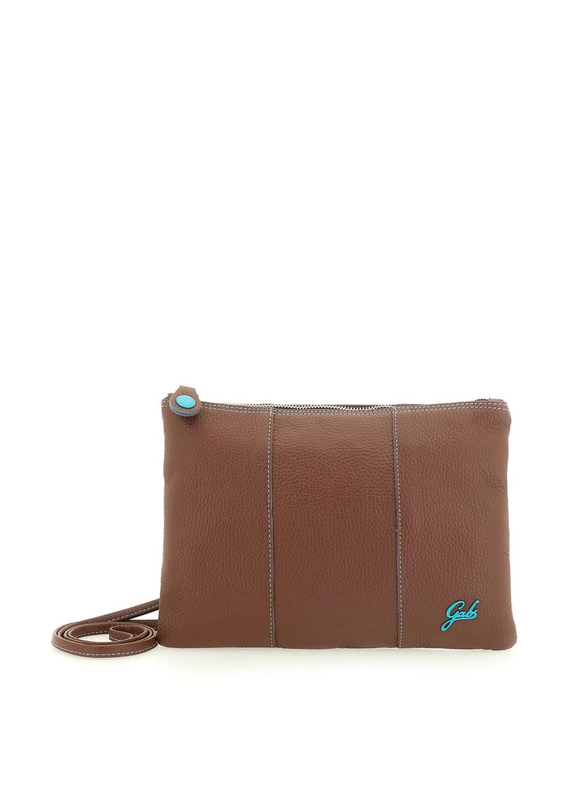 Borsa in pelle marrone con chiusura a zip, caratterizzata da dettagli e cuciture di colore azzurro. Forma rettangolare compatta, texture liscia.