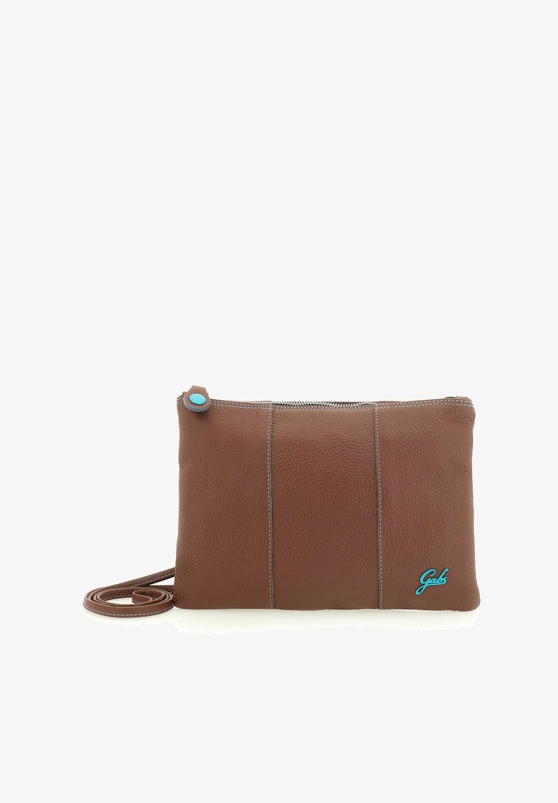 Borsa in pelle marrone con chiusura a zip, caratterizzata da dettagli e cuciture di colore azzurro. Forma rettangolare compatta, texture liscia.
