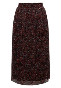 Jupe plissée longueur genou avec un motif floral sombre en rouge, noir et blanc, avec une taille ajustée et un tissu léger.