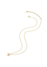 Zelta krāsas ķēdes kaklarota ar apaļu piekariņu, kas rotāts ar teksturētu ziedu dizainu un centrālo rozā akmeni. Izmērs regulējams ar sprādzi.