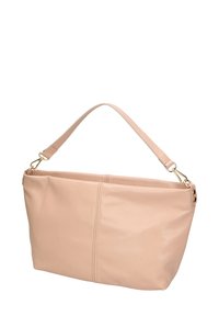 Borsa a tracolla in pelle rosa con forma strutturata, manico singolo e dettagli in oro. Texture liscia e dettagli di cucitura minimali.