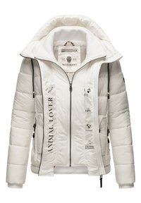White, puffy jacket with a zip front and hood. Features embroidered phrases and animal symbols. Made of lightweight, synthetic material.