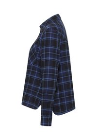 Black and blue plaid flannel shirt, long sleeves, button-down collar, featuring a front pocket and a relaxed fit. Soft texture.